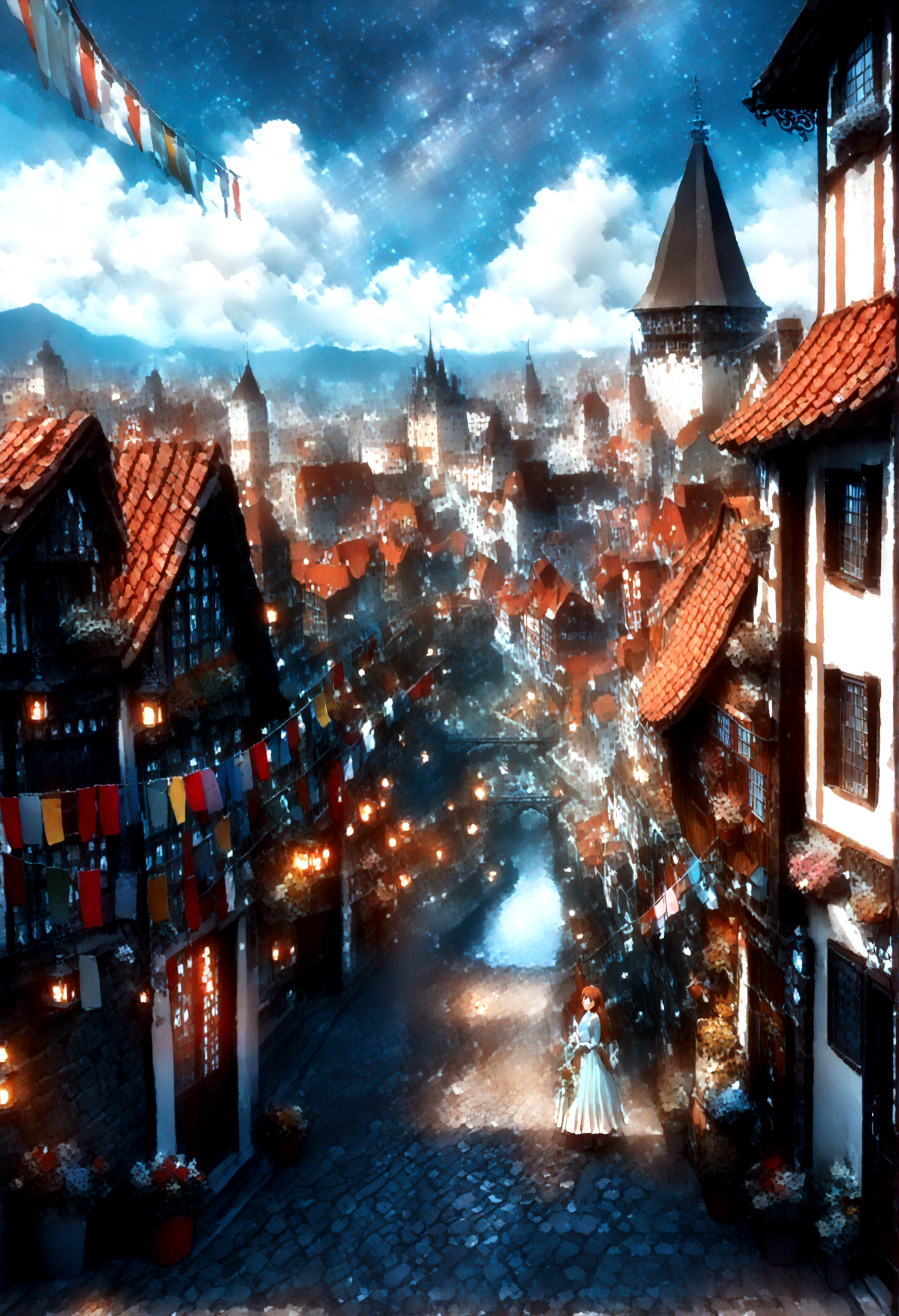 masterpiece,top quality,super detailed,highly detailed background,8K,,hi-res,old town,far away road,cobblestone,European cityscape,old castle,Mediovale,lake,blue sky,white clouds,old house,house decorated with flowers,Tanabata.milky way、((Orihime and Hikoboshi:1.5))、A radiant smile、Smile、Star of the sky