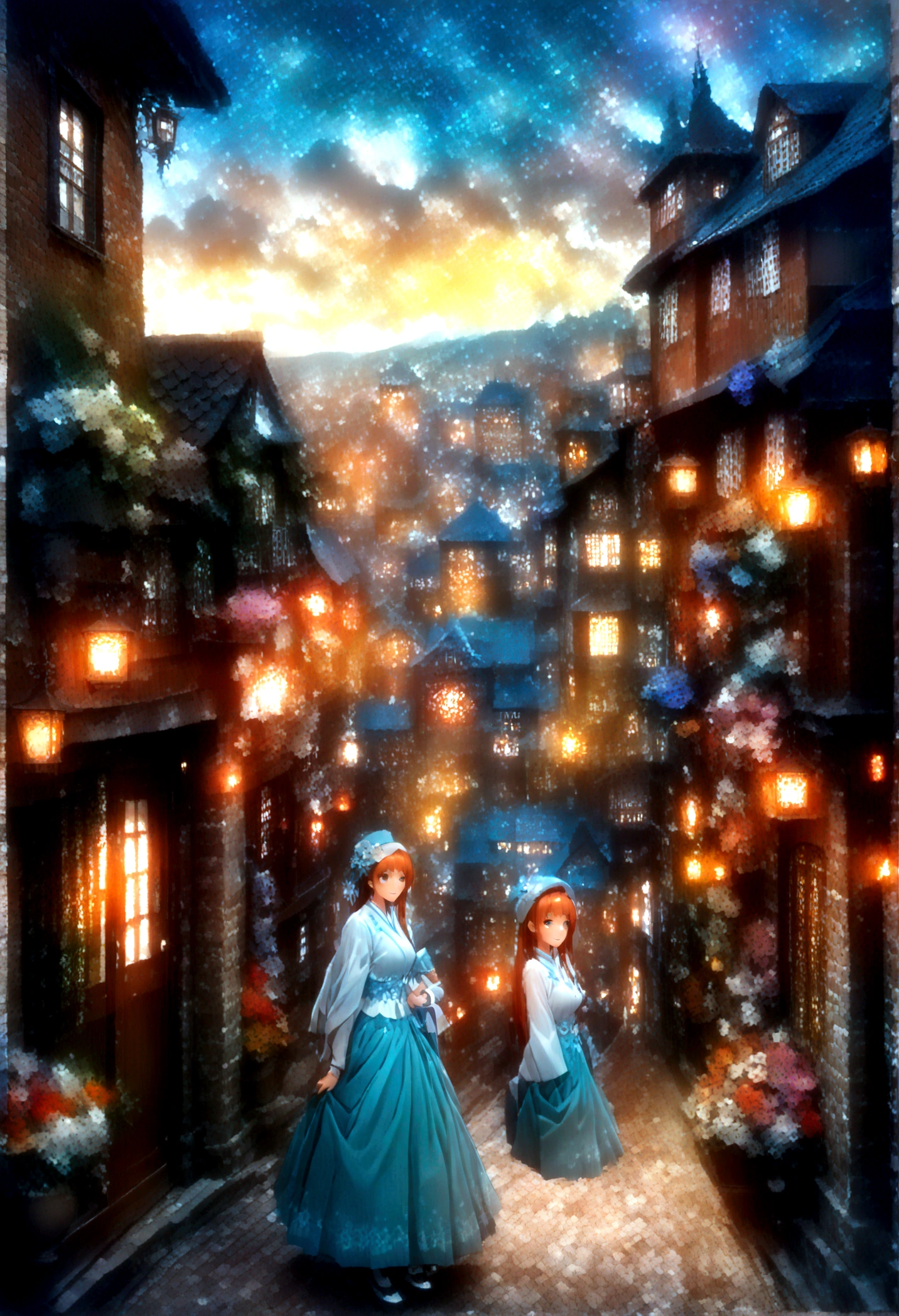 masterpiece,top quality,super detailed,highly detailed background,8K,,hi-res,old town,far away road,cobblestone,European cityscape,old castle,Mediovale,lake,blue sky,white clouds,old house,house decorated with flowers,Tanabata.milky way、((Orihime and Hikoboshi:1.5))、A radiant smile、Smile、Star of the sky