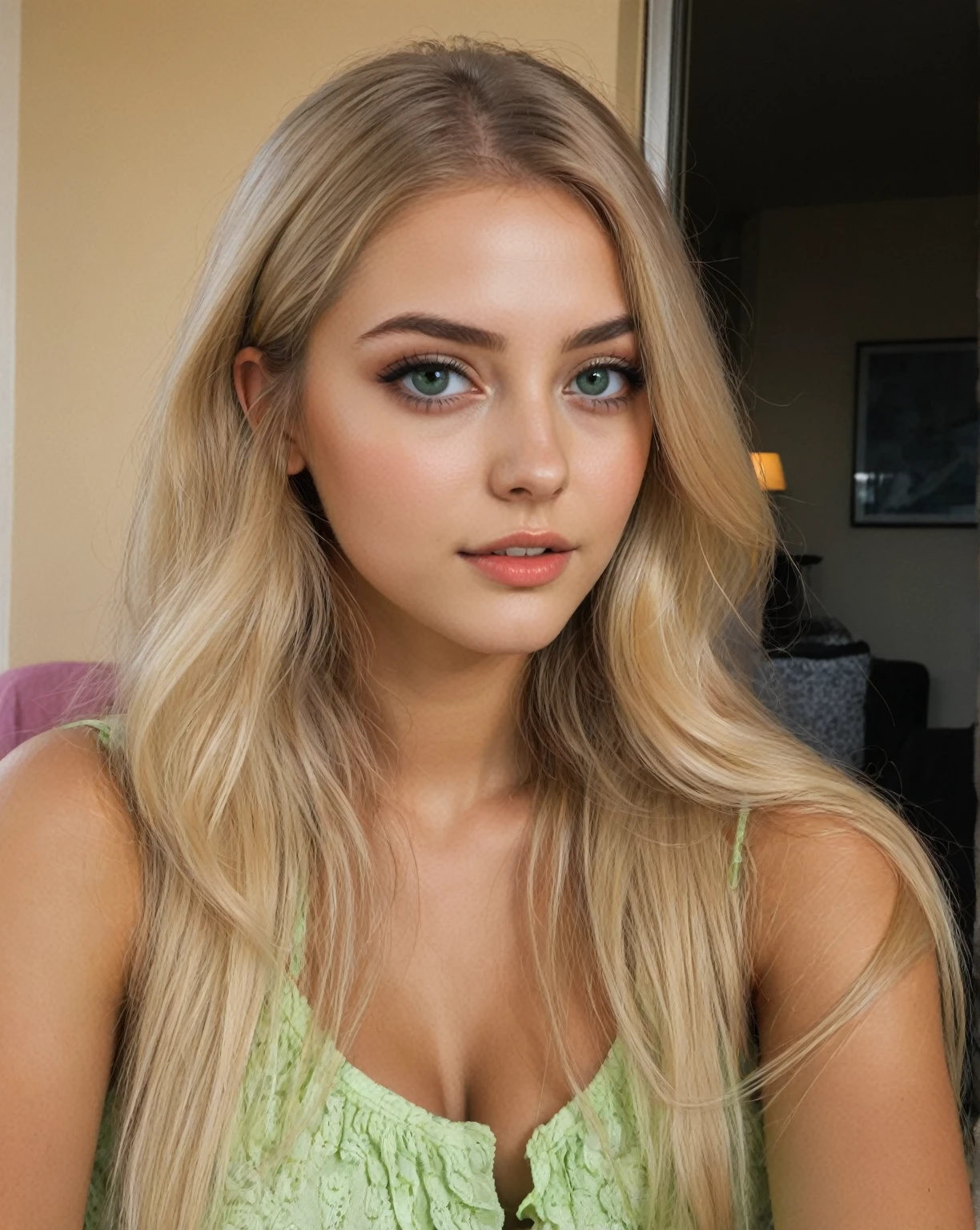 Blonde woman with long hair and green eyes sitting in front of a table., long blonde hair and big eyes, Portrait Sophie Mudd, blonde hair and big eyes, brunette with dyed blonde hair, a beautiful blonde, beautiful blonde girl, A girl with blonde hair, shoulder length blonde hair, alana fletcher, cara sexy, Carolina Cummings