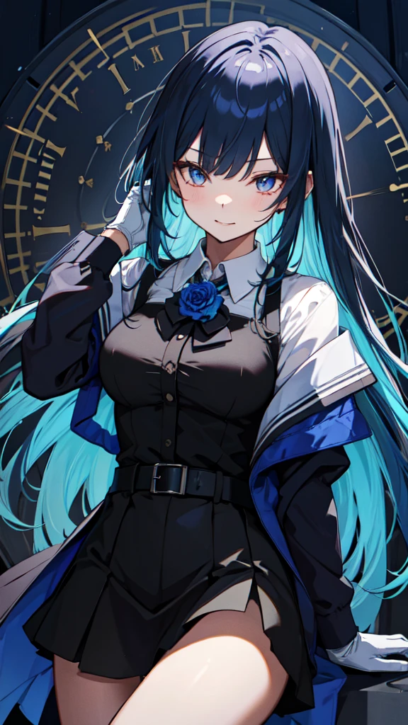 (masterpiece, best quality:1.2), intricate details, ado, 1girl, bangs, blue hair, blue flower, gloves, long sleeves, multicolored hair, long hair, jacket, collared shirt, light smile, (mature female:1.2)、ミニスカート、薄い黒タイツ