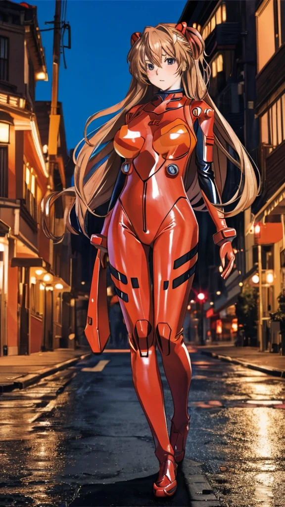 best quality, master part, Realistic, photoRealistic, 1girl, standing alone, Looking at Viewer, fully body, Standing, long  hair, fantasy de Asuka, , Plugsuit, Bodysuit, hair ornament, detailed backgrounds, in street, natta, Lumiere, Raby,，Large Breasts