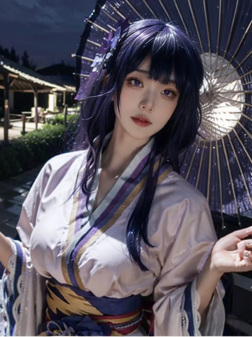Highest quality, masterpiece, high-detail, Reflects light realistically, 1 girl, Upper body, Shogun raiden, (ulzzang-6500-v1.1:0.5), Big breasts, perfect face, Clear eyes, long-haired, purple hair, Hair Decoration, sky of lightning, night sky, Ancient building in the background, shallow depth of field, looking at the audience,