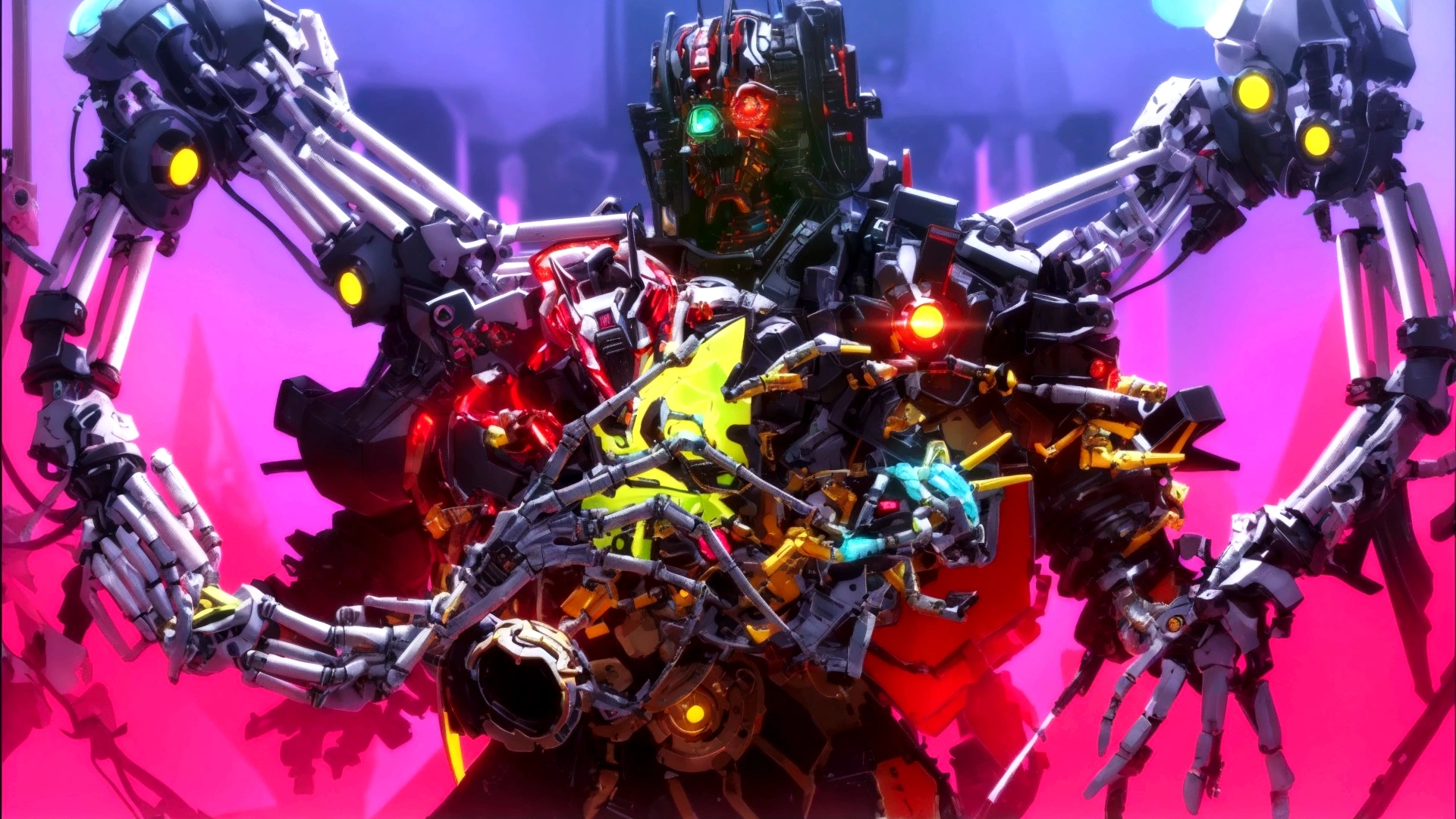 close-up of a robot with many different toys, Colorful sci-fi steampunk, cool composition, Neon punk, colorful bright octane render, Love death and Robots, death and Robots, Fractalpunk, neon scales and cyborg technology, Official work of art, Neon steampunk, Love death + Robots, zombie from eternal destruction, eternal destruction art style, reypunk, eternal destruction