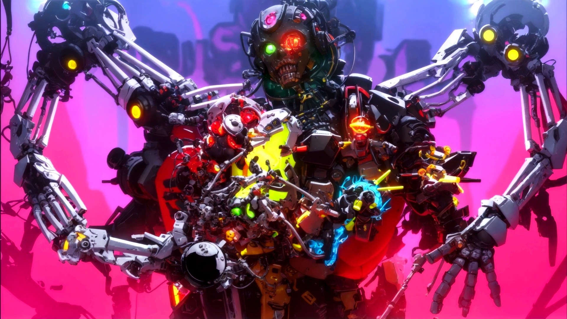 close-up of a robot with many different toys, Colorful sci-fi steampunk, cool composition, Neon punk, colorful bright octane render, Love death and Robots, death and Robots, Fractalpunk, neon scales and cyborg technology, Official work of art, Neon steampunk, Love death + Robots, zombie from eternal destruction, eternal destruction art style, reypunk, eternal destruction