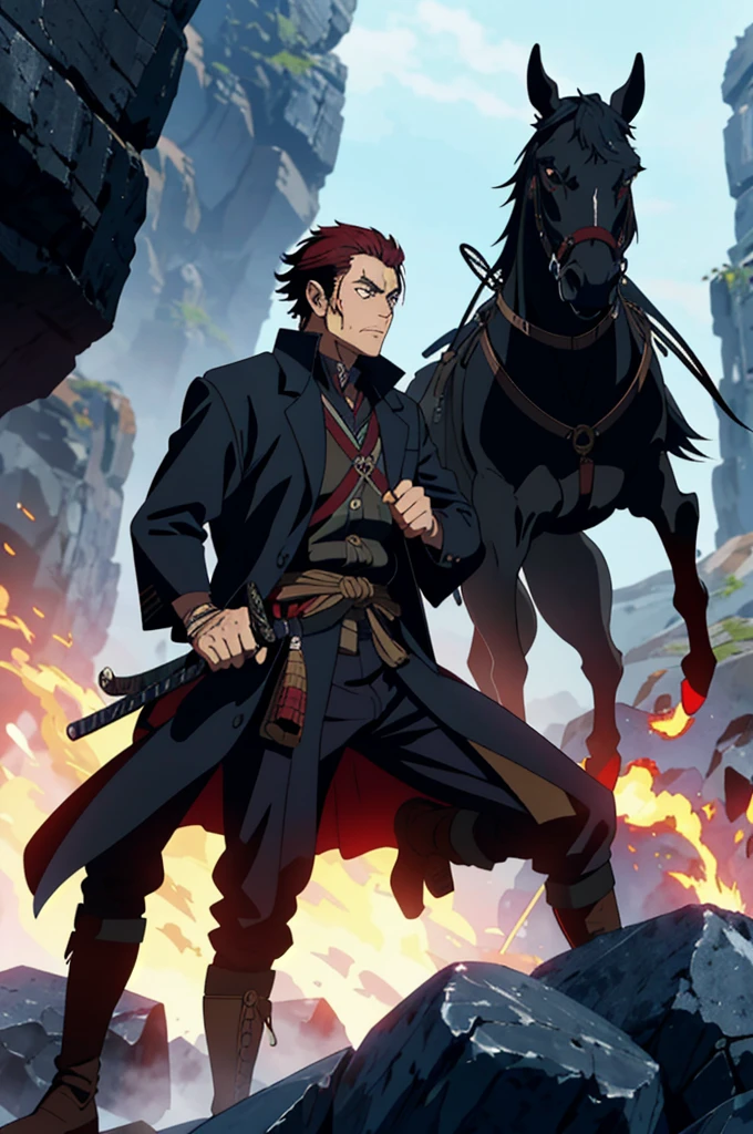 Kaelen Blackthorn stands tall and imposing, his dark red hair combed back neatly, revealing a stern and weathered face marked by the trials of countless battles. His piercing amber eyes, always vigilant, reflect a lifetime of hardship and unwavering determination. A large black coat, reminiscent of a gunslinger’s duster, drapes over his broad shoulders, flowing down to his ankles, adding a mysterious aura to his presence.

Strapped to his side is a sleek Katana, its hilt adorned with intricate carvings of ancient dragons, a symbol of his samurai heritage. Alongside the Katana, a smaller, more utilitarian sword rests, ready for swift, close-quarters combat. His coat subtly conceals the arsenal, yet allows quick access to his weapons, exemplifying the practicality of a seasoned warrior.

Kaelen’s attire combines the ruggedness of a cowboy with the elegance of a samurai. Underneath the coat, he wears a fitted leather vest over a traditional kimono-style shirt, merging functionality with a touch of his ancestral roots. His pants are durable and tailored, tucked into well-worn, high leather boots, ideal for traversing both urban landscapes and rugged terrains.

Adding to his unique appearance, Kaelen’s hands are clad in fingerless gloves, showcasing the calloused and scarred knuckles of a fighter who has seen many close encounters. A distinctive scar runs diagonally across his right cheek, a memento of a duel that almost claimed his life, serving as a constant reminder of the thin line between life and death in his line of work.

With an air of silent confidence and a demeanor that speaks volumes without uttering a word, Kaelen Blackthorn embodies the perfect fusion of cowboy grit and samurai honor, making him a formidable and unique mercenary in any realm.