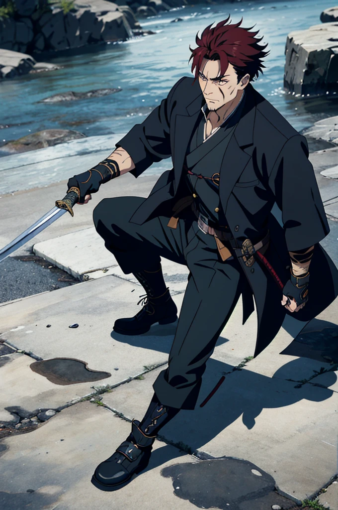 Kaelen Blackthorn stands tall and imposing, his dark red hair combed back neatly, revealing a stern and weathered face marked by the trials of countless battles. His piercing amber eyes, always vigilant, reflect a lifetime of hardship and unwavering determination. A large black coat, reminiscent of a gunslinger’s duster, drapes over his broad shoulders, flowing down to his ankles, adding a mysterious aura to his presence.
Strapped to his side is a sleek Katana, its hilt adorned with intricate carvings of ancient dragons, a symbol of his samurai heritage. Alongside the Katana, a smaller, more utilitarian sword rests, ready for swift, close-quarters combat. His coat subtly conceals the arsenal, yet allows quick access to his weapons, exemplifying the practicality of a seasoned warrior.
Kaelen’s attire combines the ruggedness of a cowboy with the elegance of a samurai. Underneath the coat, he wears a fitted leather vest over a traditional kimono-style shirt, merging functionality with a touch of his ancestral roots. His pants are durable and tailored, tucked into well-worn, high leather boots, ideal for traversing both urban landscapes and rugged terrains.
Adding to his unique appearance, Kaelen’s hands are clad in fingerless gloves, showcasing the calloused and scarred knuckles of a fighter who has seen many close encounters. A distinctive scar runs diagonally across his right cheek, a memento of a duel that almost claimed his life, serving as a constant reminder of the thin line between life and death in his line of work.
With an air of silent confidence and a demeanor that speaks volumes without uttering a word, Kaelen Blackthorn embodies the perfect fusion of cowboy grit and samurai honor, making him a formidable and unique mercenary in any realm.