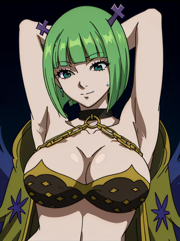 Best quality, masterpiece, ultra high res, 1girl, sexy, in the dark, deep shadow, low key, cold light, milf, green short hair, dynamic light, cinematic lighting, cinematic lighting, down blouse, mature woman, middle parted hair, bikini, gold chain,natural breast, upper body, milf, samui, simple smile, armpits visible, detailed armpits, sweaty armpits