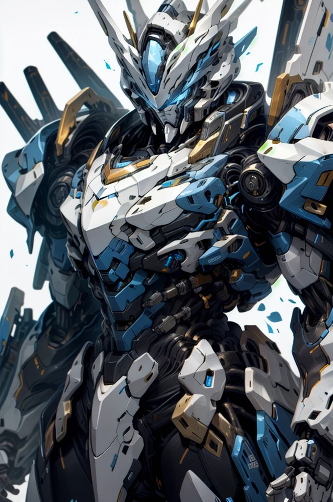 [(WHITE BACKGROUND:1.5)], nijimecha,Blue mech standing,mech with heavy armor,thick limbs,energy core,power armor,full armor,best quality,masterpiece,no human being,v-fin,bule theme,(upper body)