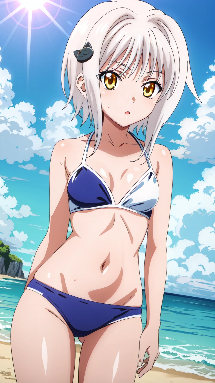 best quality, amazing quality, very aesthetic, absurdres, (1girl, mutsuki, blue archive, solo, red eyes, white hair, side ponytail), (realistic face:0.9),(string bikini:1.8),dress lift, (grin, blush, thigh:1.3), (cowboy shot), (glowing eyes), (half closed eyes:0.9), (ass), (official art:1.3), (pool), expressive eyes, perfect face, 4k, extremely detailed anime illustration, extremely detailed eyes, perfect anatomy, light rays, extremely delicate body, smooth skin, (anime background:1.5), clear eyes, beautiful face, small breasts,(anime style:1.7), (Warm Light:1.5), (highres:2),(Chiaroscuro),
