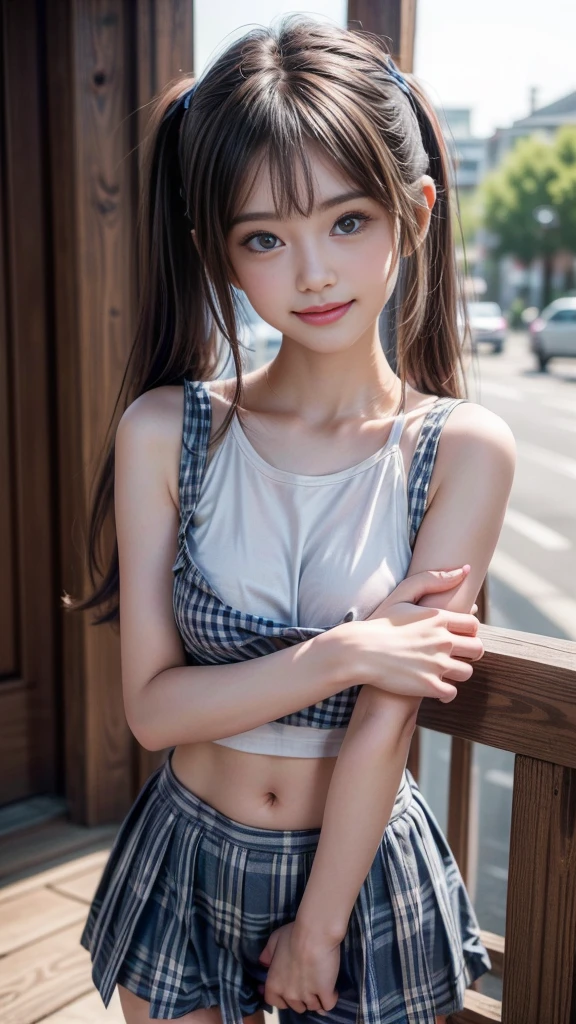 ((A beautiful girl in clothes that emphasize her breasts)), (Cute school girl, , Baby-faced g1.5, Idol Face:1.2), (Cute tight-fitting gingham check outfit:1.3), Short pigtails, Small beautiful breasts, (Slender body line), (Narrow waist), Ultimate Beauty, ((Detailed eyes and face:1.2, Professional photography techniques)), (Beautiful eyes), (Captivating Lips), Cute Smile, (Highest quality, 8K, masterpiece:1.2, RAW Photos), (Photorealism:1.4), (Detailed hands and arms:1.1), (Delicate and beautiful hands of a girl:1.2), (Perfect Anatomy:1.2), (Dynamic Pose)