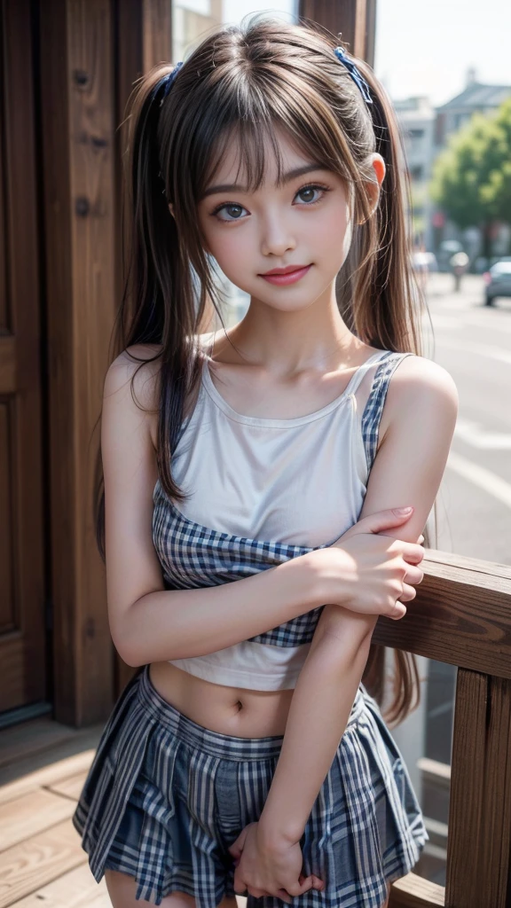 ((A beautiful girl in clothes that emphasize her breasts)), (Cute school girl, , Baby-faced g1.5, Idol Face:1.2), (Cute tight-fitting gingham check outfit:1.3), Short pigtails, Small beautiful breasts, (Slender body line), (Narrow waist), Ultimate Beauty, ((Detailed eyes and face:1.2, Professional photography techniques)), (Beautiful eyes), (Captivating Lips), Cute Smile, (Highest quality, 8K, masterpiece:1.2, RAW Photos), (Photorealism:1.4), (Detailed hands and arms:1.1), (Delicate and beautiful hands of a girl:1.2), (Perfect Anatomy:1.2), (Dynamic Pose)