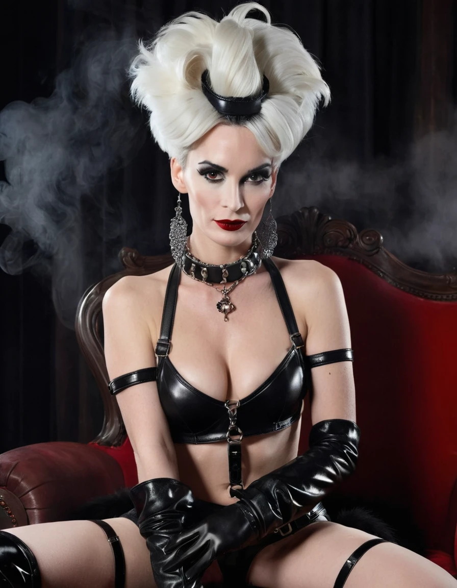 Very thin. Naked sexy Cruella de ville in bdsm style. A very magnificent hairstyle. Shiny steel bracelets on top of black gloves. and Shiny steel bracelet necklaces are on her wrists. She wears a leather harness over her head and face. Leather garters on his feet.. Red, thick smoke in the background.