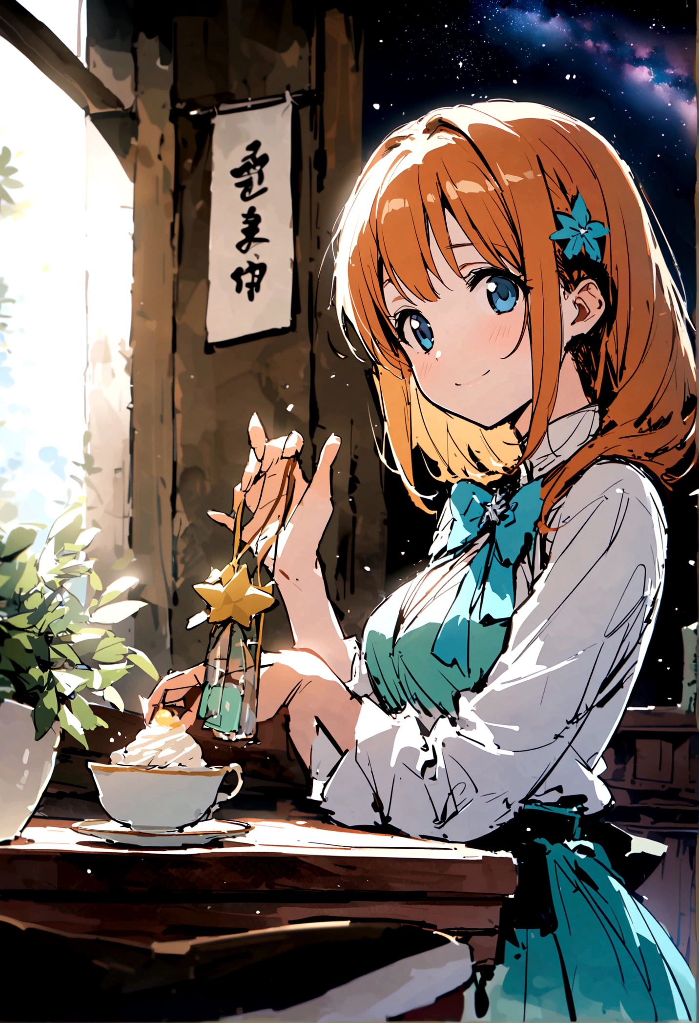 masterpiece,highest quality,ultra-detailed,high-definition background,8K,hi-res,high quality,BREAK,Cafe with a nice atmosphere、Antique interior、Stylish interior,girl, japanese manga style, sketch, Watercolor Colors.Tanabata.milky way、((Orihime and Hikoboshi:1.5))、A radiant smile、Smile、Star of the sky