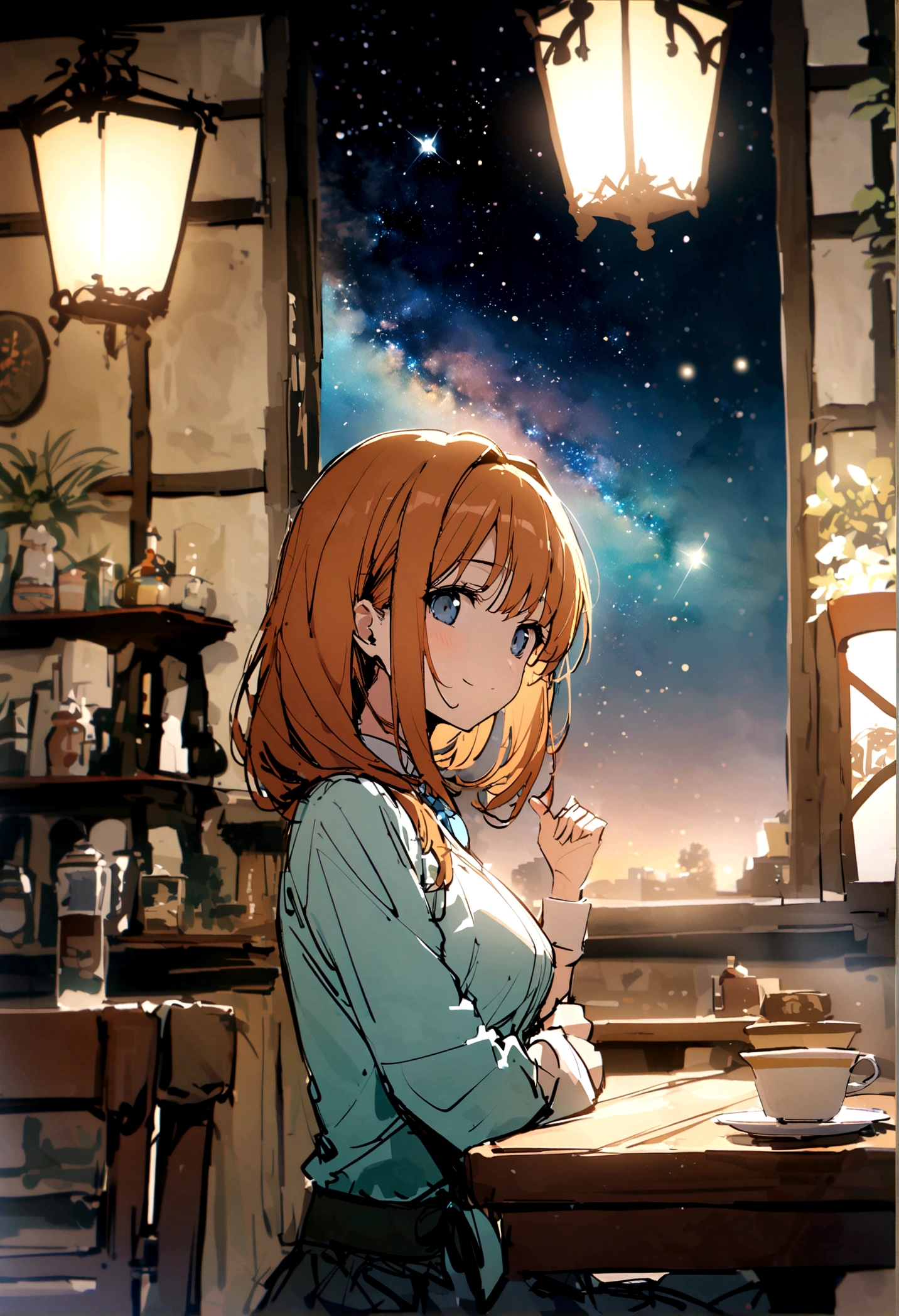 masterpiece,highest quality,ultra-detailed,high-definition background,8K,hi-res,high quality,BREAK,Cafe with a nice atmosphere、Antique interior、Stylish interior,girl, japanese manga style, sketch, Watercolor Colors.Tanabata.milky way、((Orihime and Hikoboshi:1.5))、A radiant smile、Smile、Star of the sky