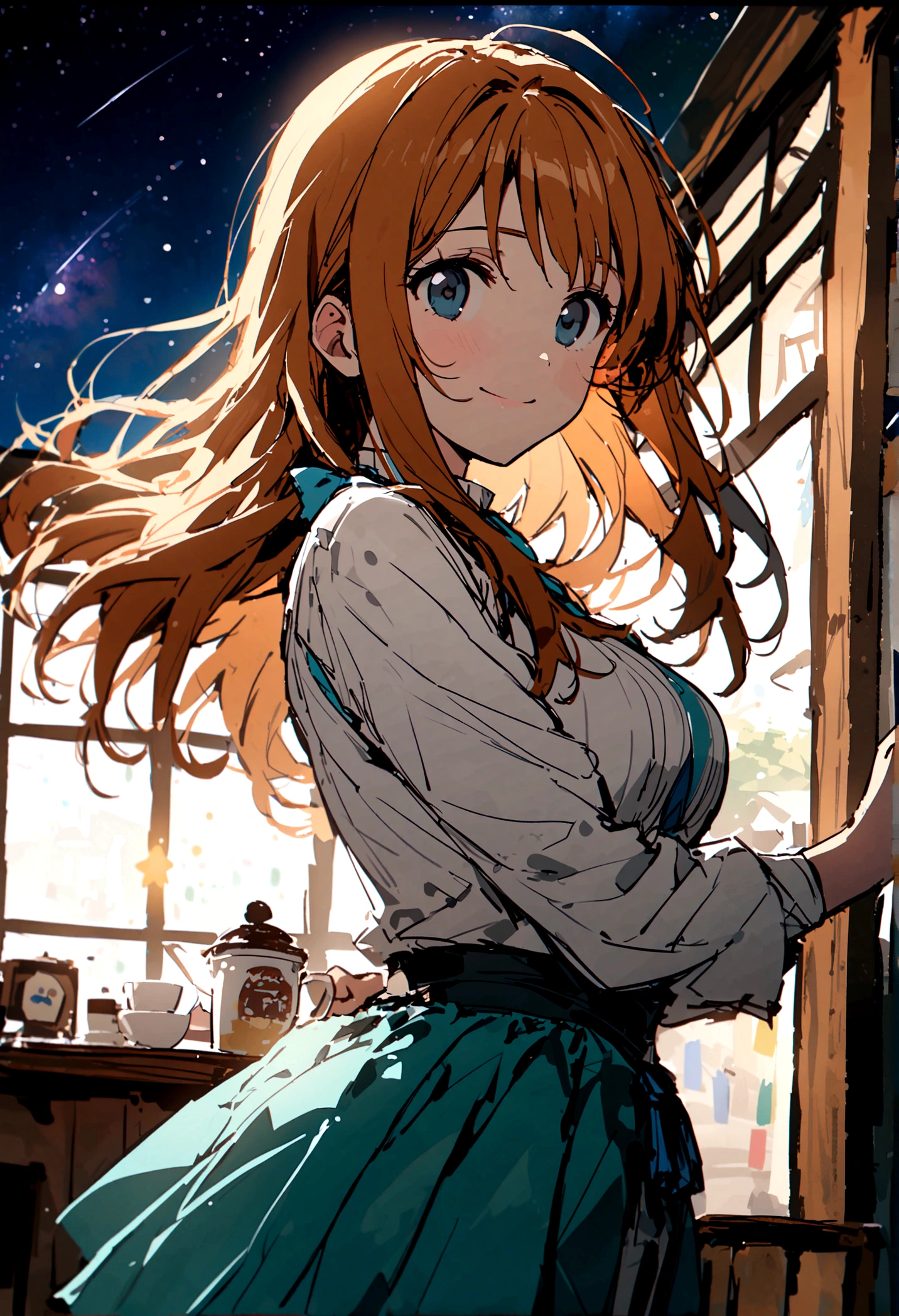masterpiece,highest quality,ultra-detailed,high-definition background,8K,hi-res,high quality,BREAK,Cafe with a nice atmosphere、Antique interior、Stylish interior,girl, japanese manga style, sketch, Watercolor Colors.Tanabata.milky way、((Orihime and Hikoboshi:1.5))、A radiant smile、Smile、Star of the sky