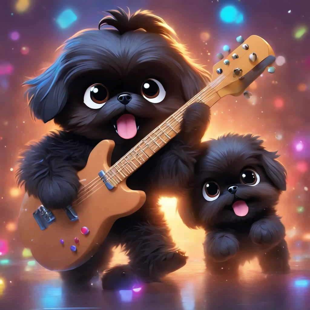 2 Adorable small black Shih Tzu puppies wearing bright sunglasses running on beach Disney background 3d cartoon 3d render disney pixar style