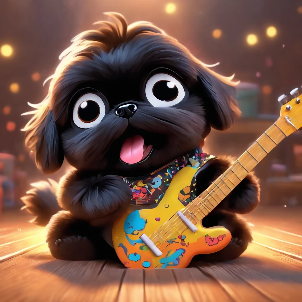 2 Adorable small black Shih Tzu puppies wearing bright sunglasses running on beach Disney background 3d cartoon 3d render disney pixar style