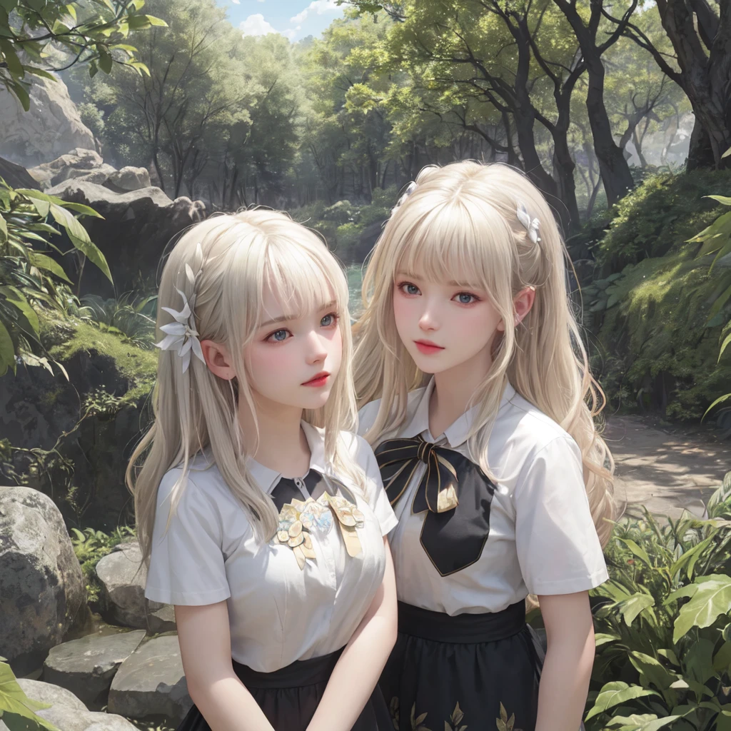 (best quality), masterpiece, Extremely detailed CG8K painting, high color, Extremely high color saturation, All colors are deepened, central composition, Extremely detailed light and shadow, The face and eyes are very detailed, medium length hair, sportswear, colorful clouds，beautiful nature，landscape，2 girls