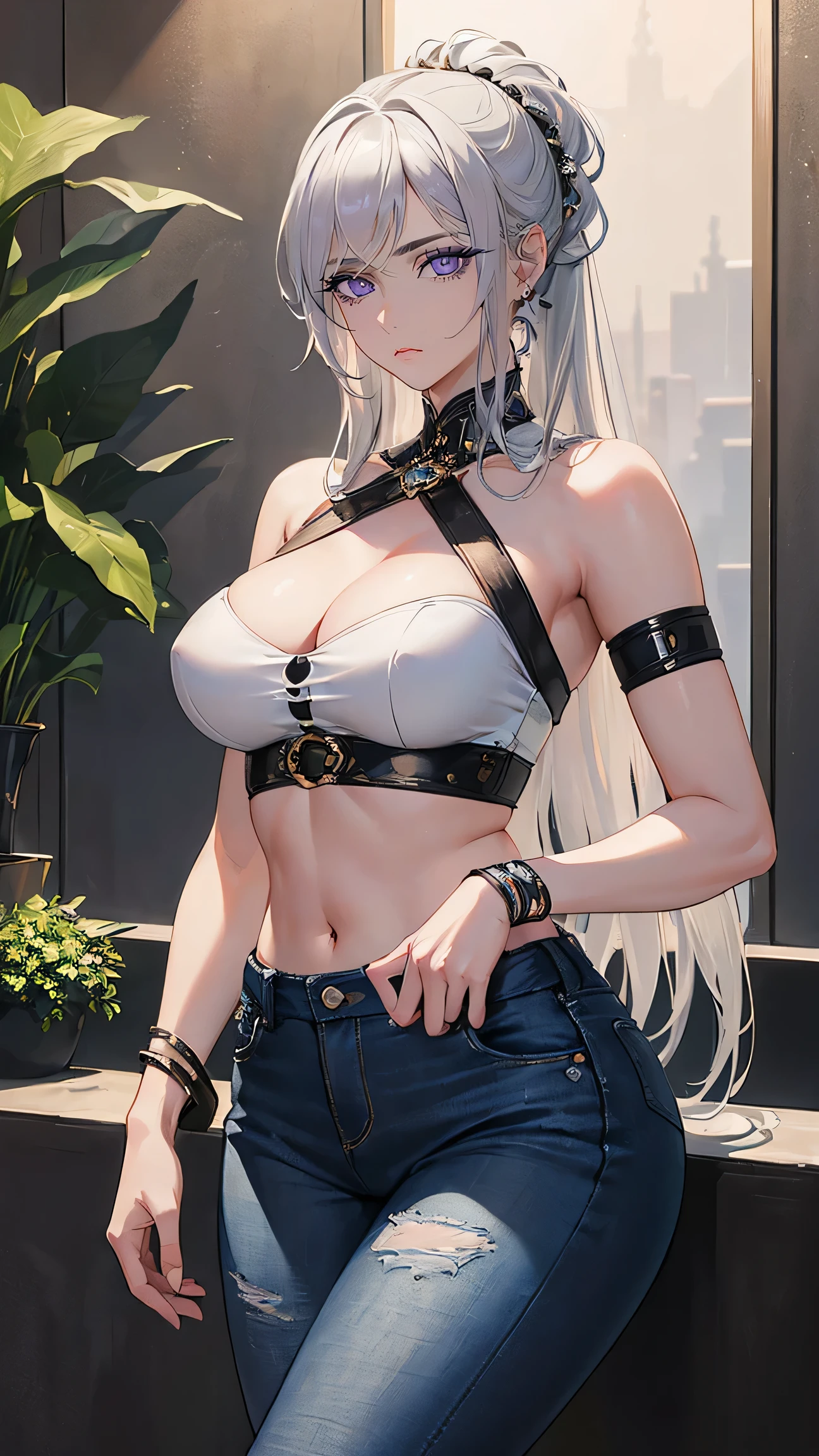 (Ultra-high resolution, masterpiece, Textured skin, Super detailed, Attention to detail, high quality, 最high quality), Detailed face, 1 Female, Mature beautiful woman, (Beautiful breasts), (Silver hair tied up, Long Hair), (Short black top, Short jeans pants), Are standing, Six Pack