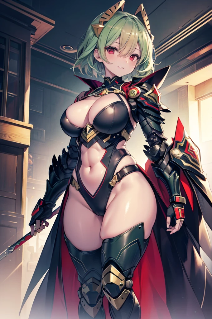 Masterpiece, The best quality, High Resolutions, absurdities, 8k, 4k, Official Art,, , (flat_color:0.9),voluptuous, front view, thick thighs, Wide hips, warm light, night atmosphere, robusta, front body, light lipstick, SMILE, abdomen, (muscle:1.2), Thick thigh, Wide hips, thick lips, faded hair, massive thighs, focused eyes, huge woman, long hair, Red eyes, look ahead, muscle girl, short hair, green hair, mechanical armor, great armor, mechanical armor, mechanical suit, Full armor, tiara