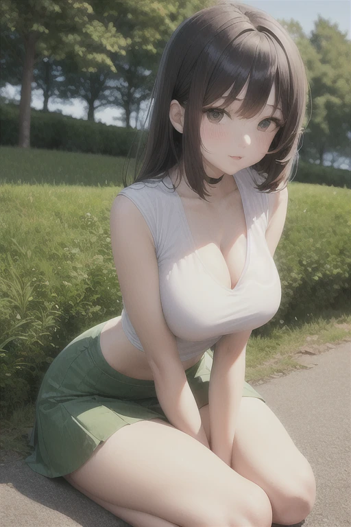 creates a 22-year-old anime girl sitting on the ground with her arms and hands touching her knees wearing a short green skirt and a low-cut white blouse with wide hips and large breasts in a park landscape