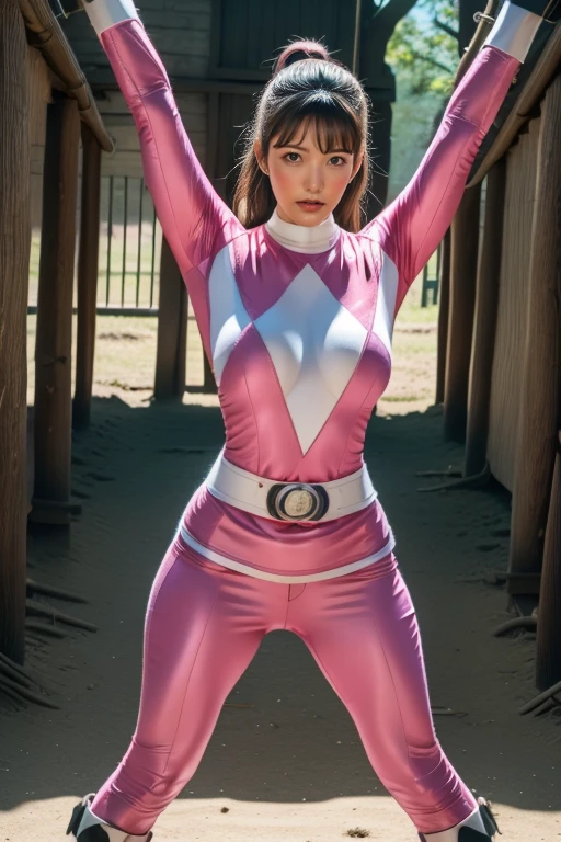 pink theme,pink ranger suit、curvy, big breats, full body, tied on Saint Andrew's cross in X position