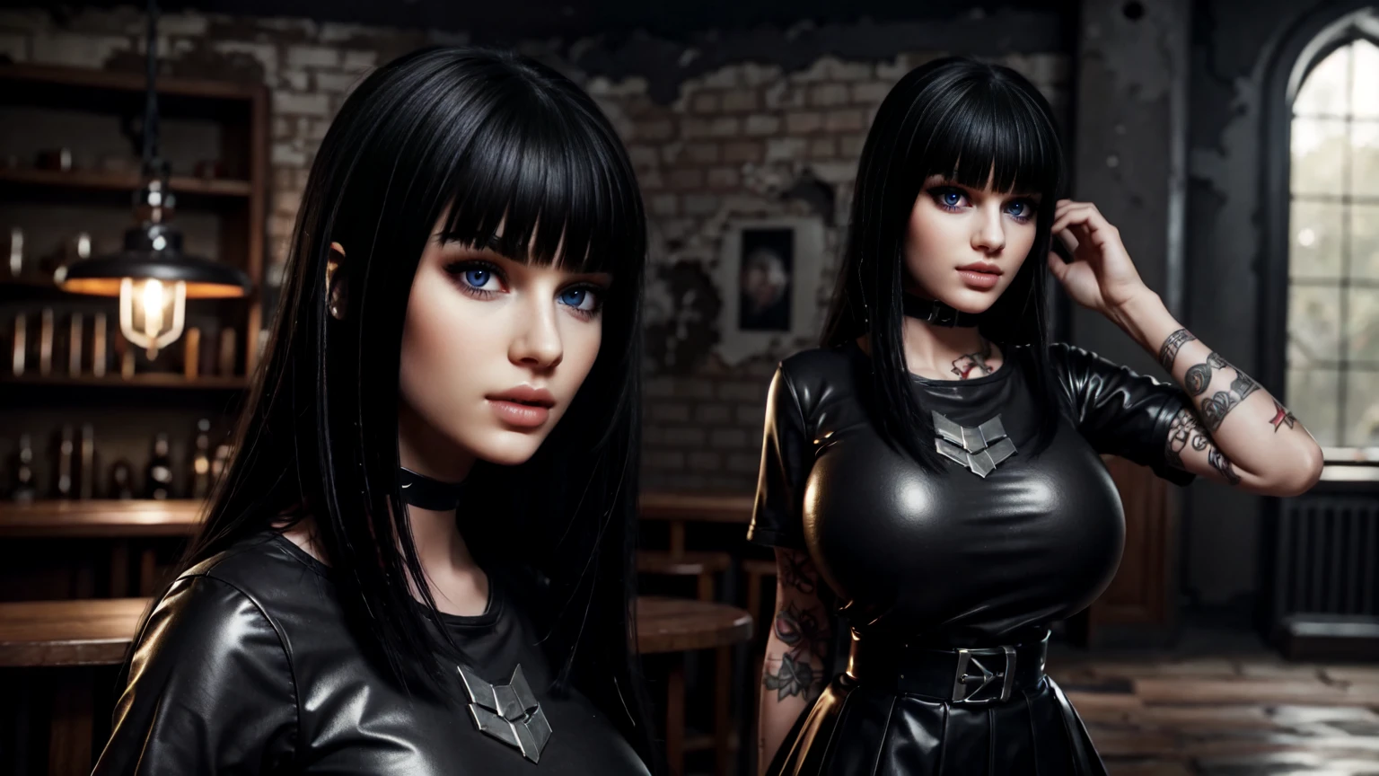 charlottefortnite, long hair, black_hair, bangs, blunt_bangs, red eyes, choker, red eyes, latex skirt, black_skirt, black latex shirt, belt, kneehighs, tattoo (masterpiece, HDR photo) BREAK droptop BREAK ((photorealistic), realistic face), big breasts, beautifully detailed woman, realistic face, detailed mouth, extremely detailed eyes_and_face, beautiful attractive face, beautiful detailed eyes, (photorealistic), pronounced feminine feature, matte eyeshadow, eyelashes, eyeliner, smooth skin, standing in a Ruin