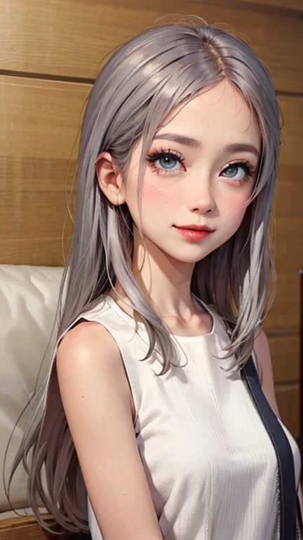 blush a little and smile, (Top quality masterpiece:1.2) Delicate illustrations, Very detailed, /Beautiful Japanese Women、1 person,Very cute and slim、Great style 、((8K images、super high quality))、Very delicate face, Skin and Hair、beautifule forehead、Red lipstick、(((((Mid-length hair、Silver Hair、lure))))),Very cute Japanese cut face、Eyes and nose are clearly visible、Kind eyes,((((Sleeveless fashion))))