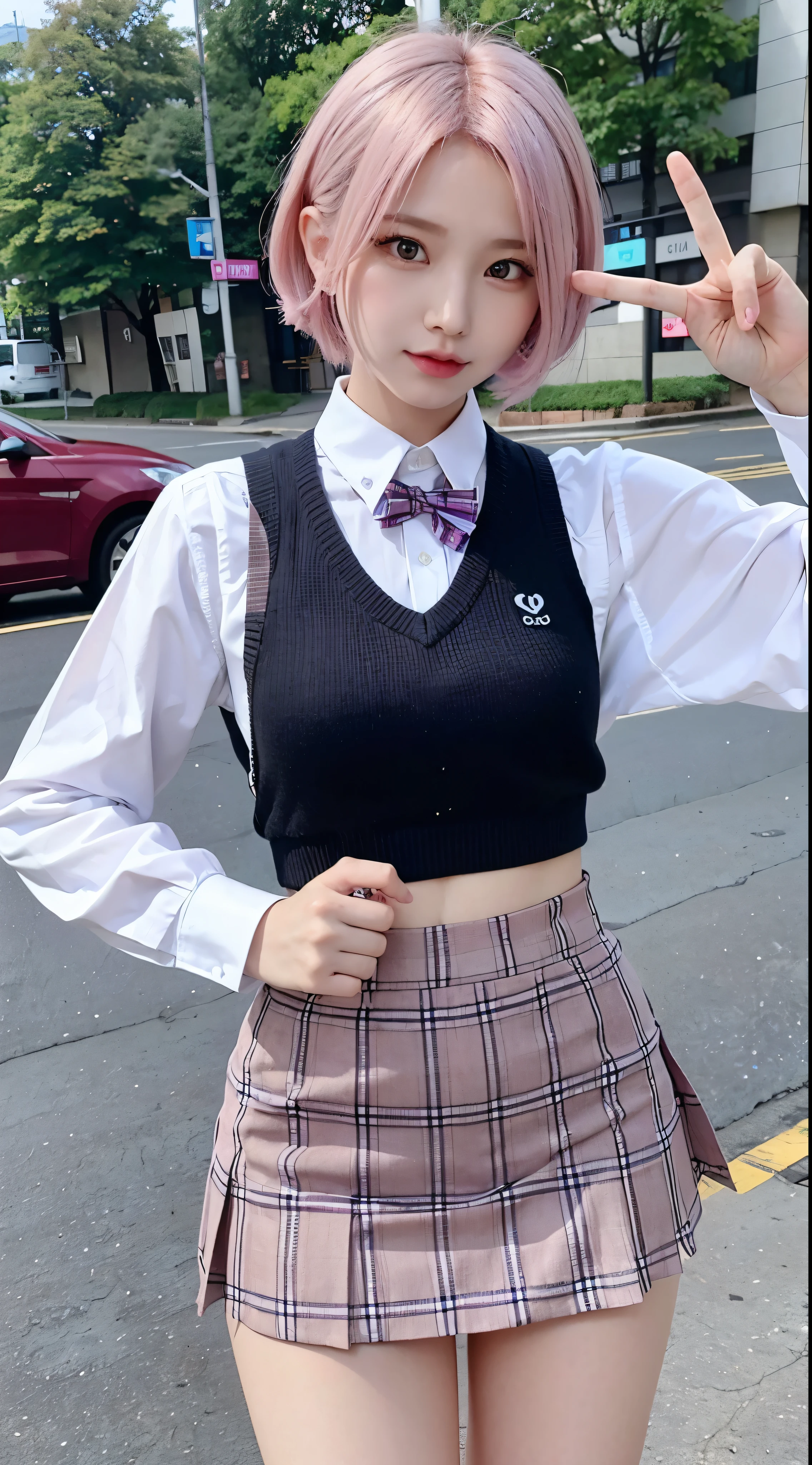 ph momo、momohd、phmomo、solo、1girl、Pink Hair、Purple Eyes、Short Hair、Hair Flowers、Sweater vest、Beautiful eyes、Plaid Skirt、Black thighaking a peace sign、Embarrassing
