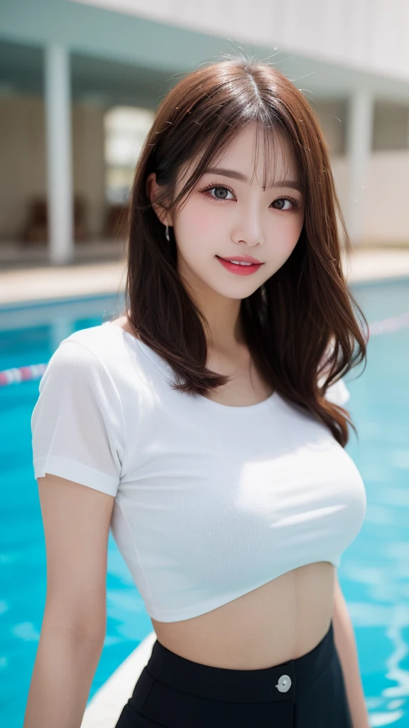 Highest quality, figure, Super detailed, In detail, High resolution, 32k wallpapers, Perfect dynamic composition, Beautiful attention to detail, Random top model white t-shirt with bare midriff,Bob Perm Hair,Center of chest,Big beautiful cat-like eyes, Cute Button Nose, Small and fairly full lips, Thick eyebrows and long, beautiful eyelashes. Transparent throughout makeup, Apply blush to your cheeks,Dark eyeliner,Lip gloss makes it sparkle. Walking Pose,smile,white and clean teeth,Indoor swimming pool background