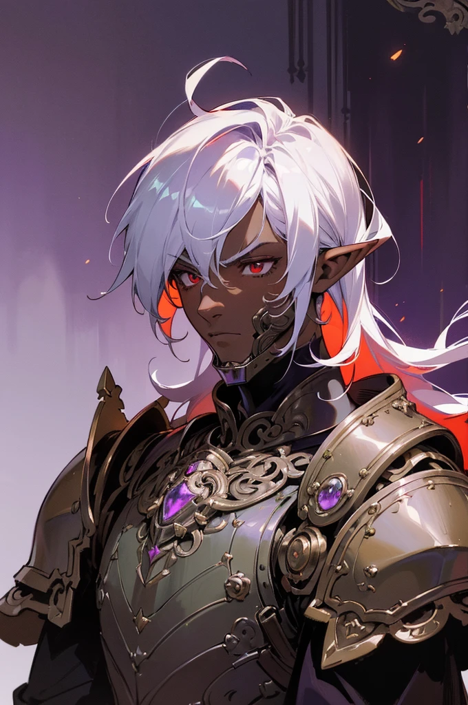 masterpiece, best quality, ultra high res, dark theme, 1boy, (dungeonpunk armor), (mechanical steampunk armor), (wearing armor), fantasy illustration, dark skinned, human, upper body, portrait, red eyes, long white hair, half-drow, pointy ears, serious face, young man, dramatic lighting, purple hue, art by Kinema Citrus