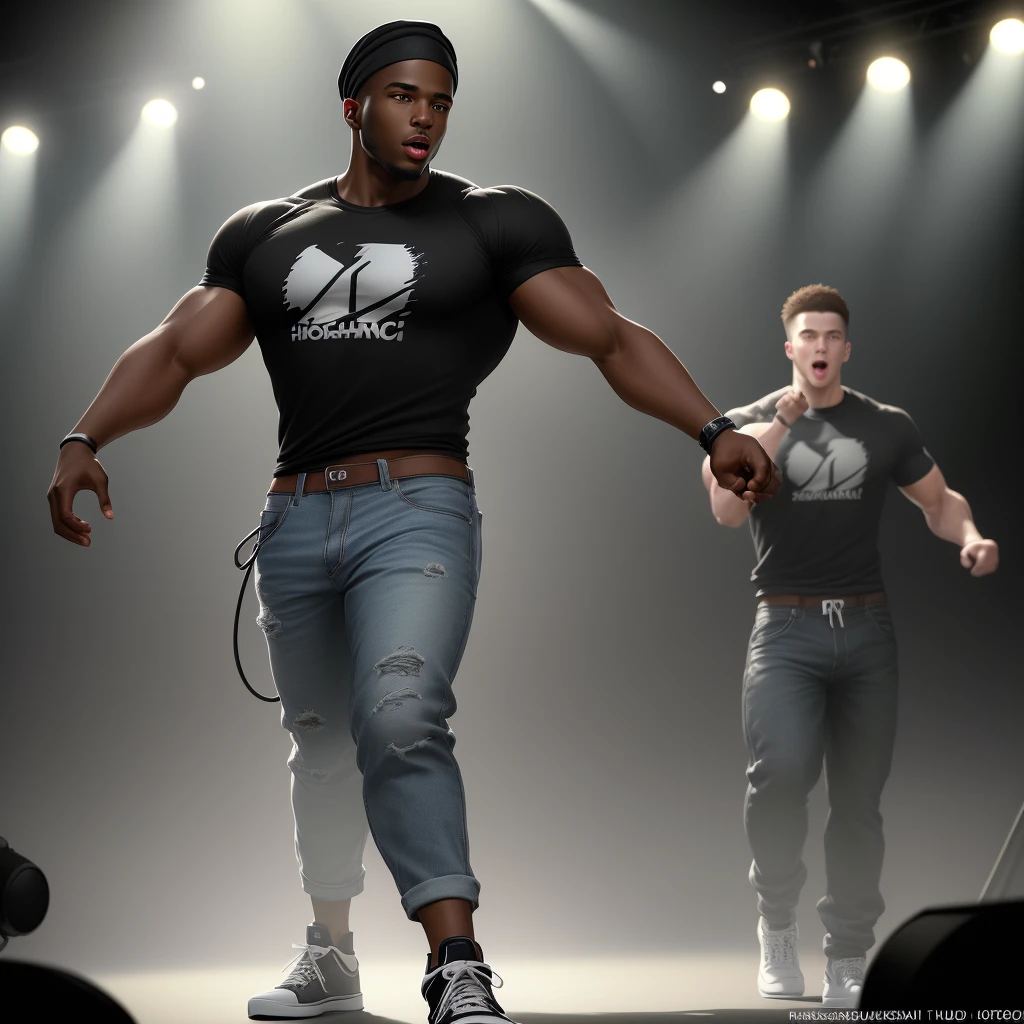 a handsome Black man in a black durag, loose white t-shirt, baggy jeans, and high-top sneakers, holding a microphone and standing on a concert stage,dramatic lighting effects casting shadows and highlights, an excited cheering crowd in the background with blurred faces, dynamic composition, vivid colors, (best quality,4k,8k,highres,masterpiece:1.2),ultra-detailed,(realistic,photorealistic,photo-realistic:1.37),HDR,UHD,studio lighting,ultra-fine painting,sharp focus,physically-based rendering,extreme detail description,professional,vivid colors,bokeh,concept art,digital illustration,dynamic performance,energetic atmosphere