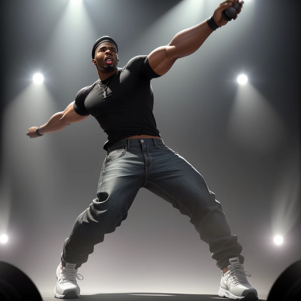 a handsome Black man in a black durag, loose white t-shirt, baggy jeans, and high-top sneakers, holding a microphone and standing on a concert stage,dramatic lighting effects casting shadows and highlights, an excited cheering crowd in the background with blurred faces, dynamic composition, vivid colors, (best quality,4k,8k,highres,masterpiece:1.2),ultra-detailed,(realistic,photorealistic,photo-realistic:1.37),HDR,UHD,studio lighting,ultra-fine painting,sharp focus,physically-based rendering,extreme detail description,professional,vivid colors,bokeh,concept art,digital illustration,dynamic performance,energetic atmosphere