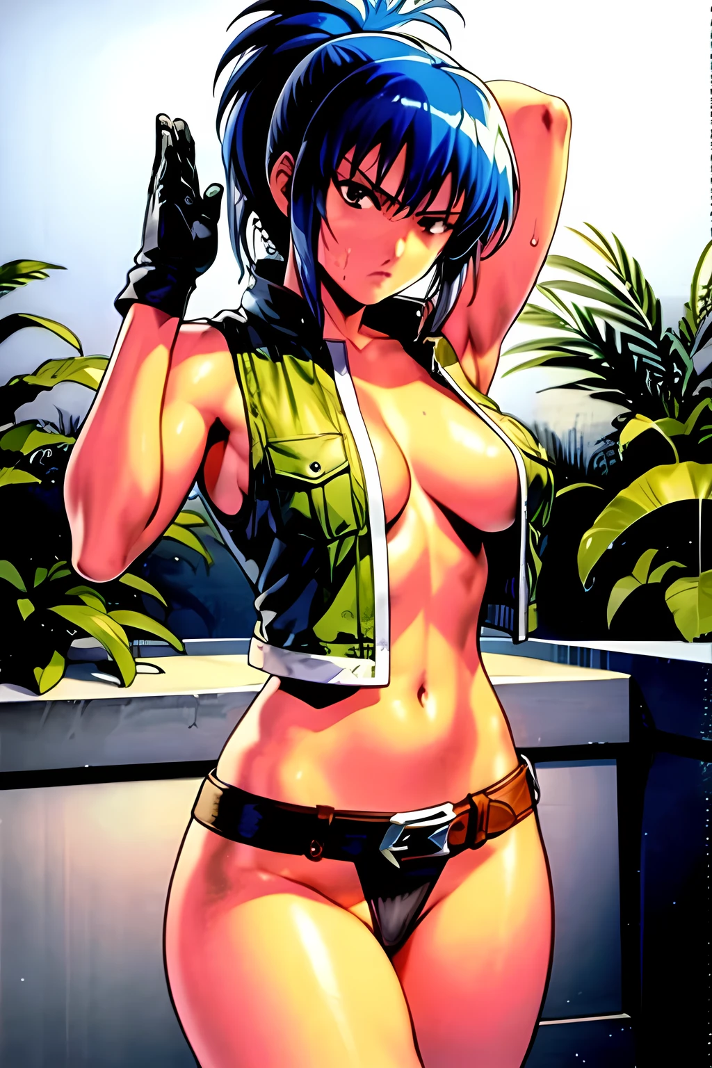 masterpiece, best quality, anime 1990s \(style\, leona heidern, no bra, fully open vest, thong ,jungle, pony tail, wet, serious, gloves, , sleeveless, belt, touching hair.