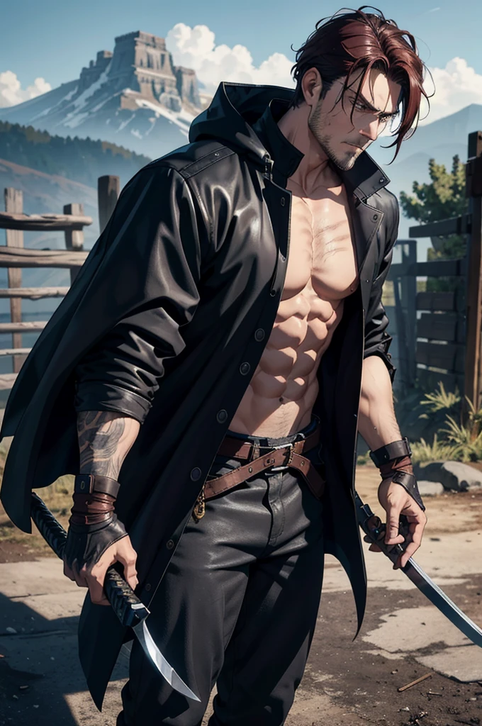 Kaelen Blackthorn stands tall and imposing, his dark red hair combed back neatly, revealing a stern and weathered face marked by the trials of countless battles. His piercing amber eyes, always vigilant, reflect a lifetime of hardship and unwavering determination. A large black coat, reminiscent of a gunslinger’s duster, drapes over his broad shoulders, flowing down to his ankles, adding a mysterious aura to his presence.
Strapped to his side is a sleek Katana, its hilt adorned with intricate carvings of ancient dragons, a symbol of his samurai heritage. Alongside the Katana, a smaller, more utilitarian sword rests, ready for swift, close-quarters combat. His coat subtly conceals the arsenal, yet allows quick access to his weapons, exemplifying the practicality of a seasoned warrior.
Kaelen’s attire combines the ruggedness of a cowboy with the elegance of a samurai. Underneath the coat, he wears a fitted leather vest over a traditional kimono-style shirt, merging functionality with a touch of his ancestral roots. His pants are durable and tailored, tucked into well-worn, high leather boots, ideal for traversing both urban landscapes and rugged terrains.
Adding to his unique appearance, Kaelen’s hands are clad in fingerless gloves, showcasing the calloused and scarred knuckles of a fighter who has seen many close encounters. A distinctive scar runs diagonally across his right cheek, a memento of a duel that almost claimed his life, serving as a constant reminder of the thin line between life and death in his line of work.
With an air of silent confidence and a demeanor that speaks volumes without uttering a word, Kaelen Blackthorn embodies the perfect fusion of cowboy grit and samurai honor, making him a formidable and unique mercenary in any realm.