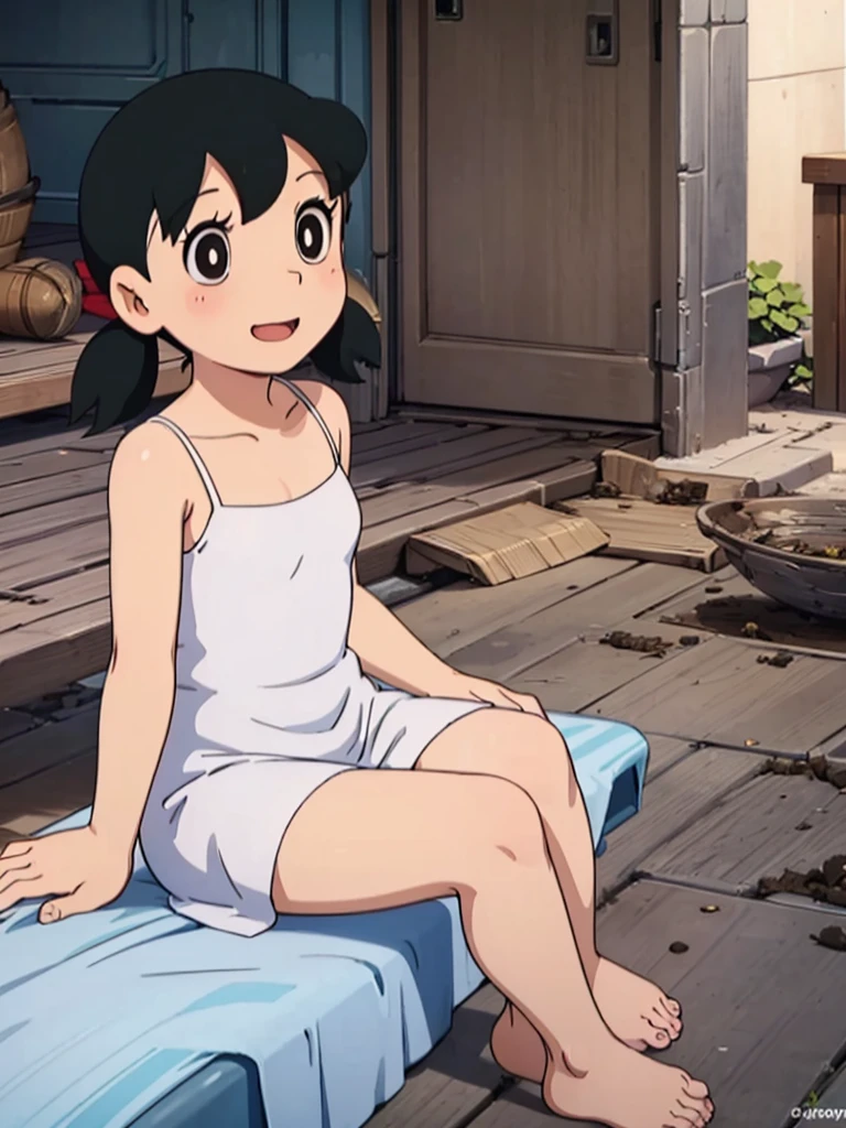 ((Masterpiece)), 8K, super low angle, wide shot, cinematic lighting, very messy hair, (Sitting in front of the clean and pure church), (exposed breast, oversized white camisole, dirty:1.1 and torn, very tattered and torn, thin small breasts, smile and big open mouth, barefoot), slum cityscape, textured skin, drsizukachan1, dress