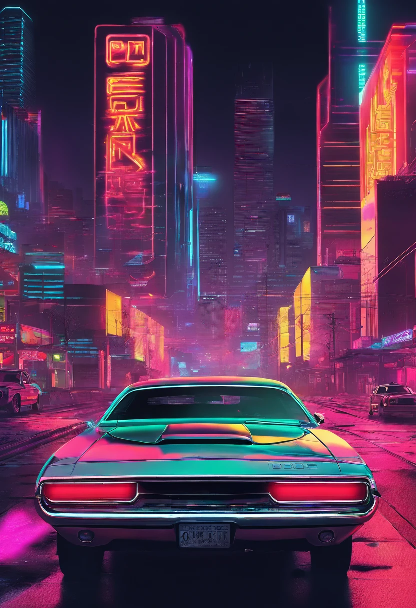 Cover of a book illustrating a 1968 Dodge Challenger model car under the night and in the background a city illuminated by the lights of the buildings.
The neon color palette; red, ?????, yellow, Orange, Lime green and white