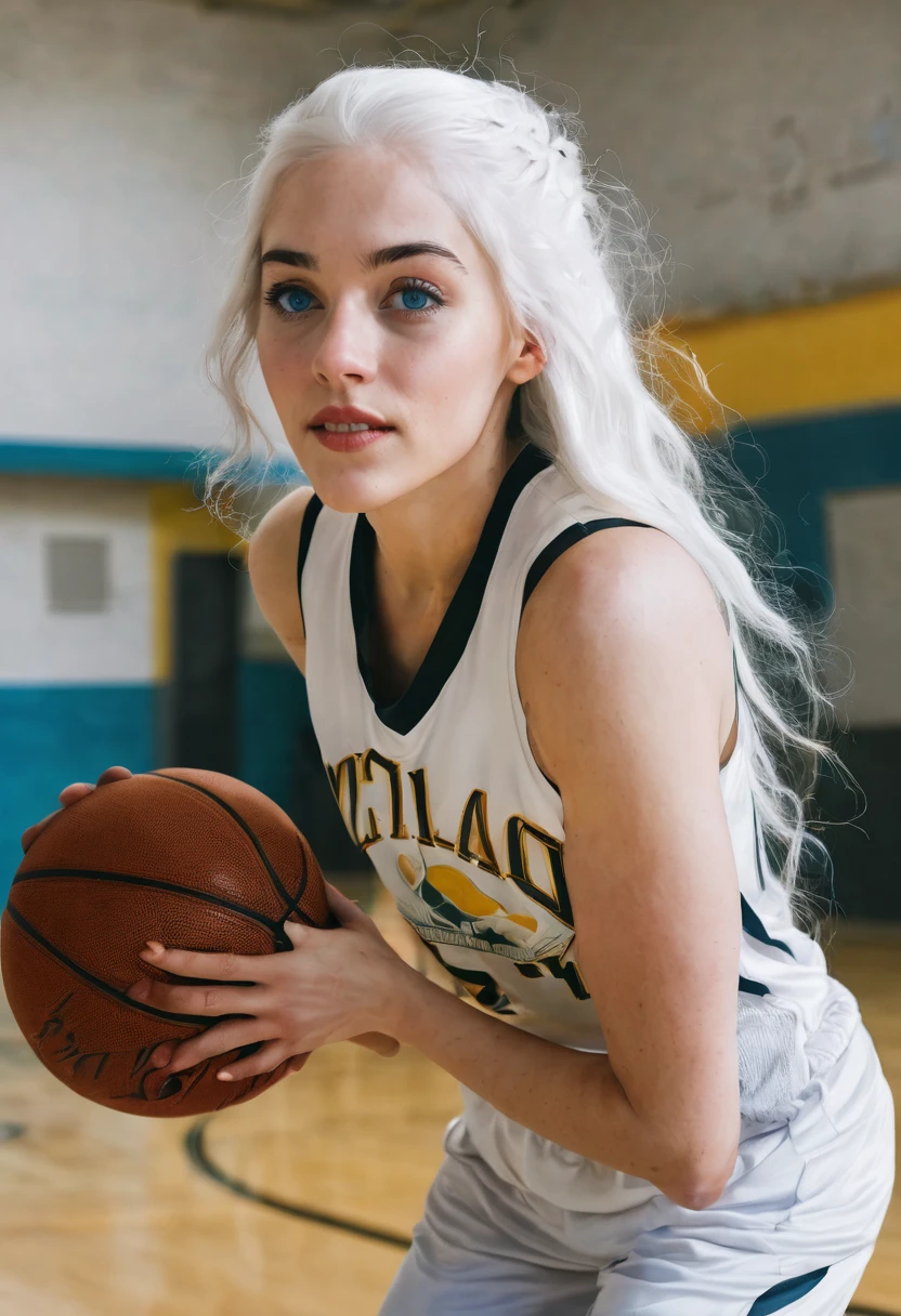 27-year-old woman with white hair, blue eyes and white skin playing basketball