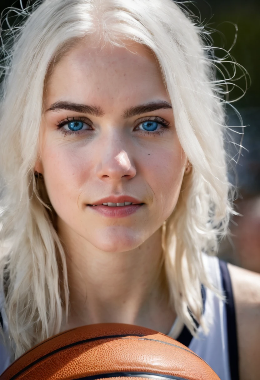 27-year-old woman with white hair, blue eyes and white skin playing basketball