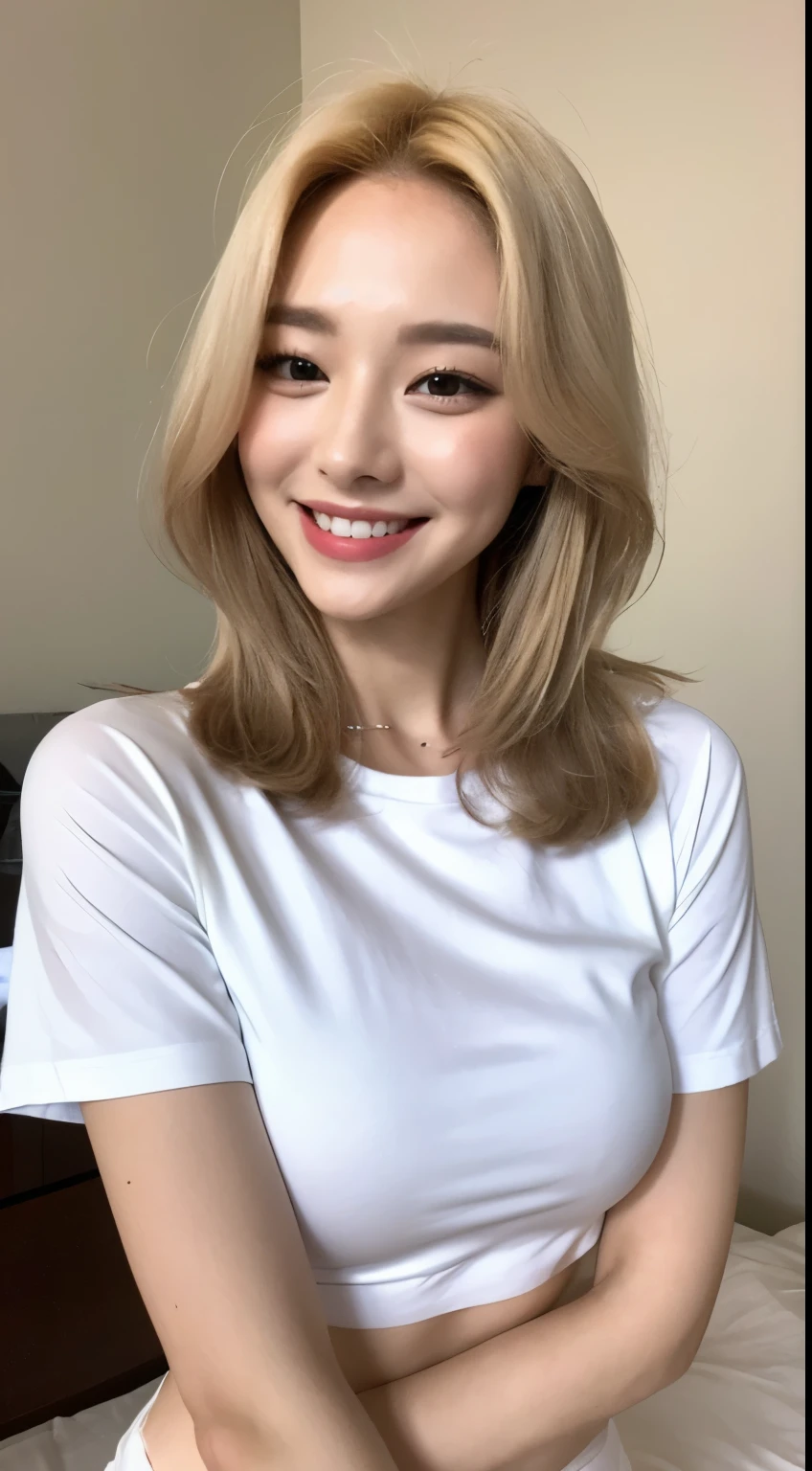 White tight shirt、White tight skinny mini skirt、bed、smile、Short sleeve、high resolution、Korean idol face、double eyelid、White teeth、Medium Hair