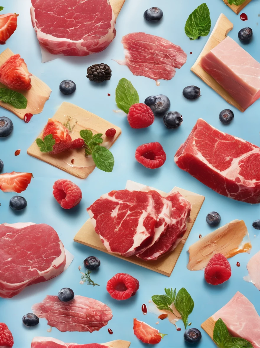 fresh various meat seamless background, dropping in the water, splash water. shot using a leica camera, professional color grading. desserts magazine photographyiso 300. accomplishment winning photography. advertising photographyclean sharp focus. high - end compositing. commercial photography. soft shadows 8k