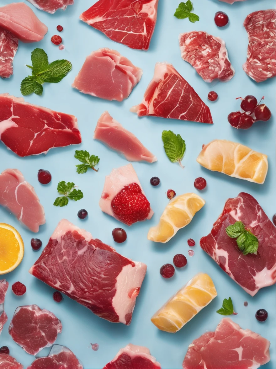 fresh various meat seamless background, dropping in the water, splash water. shot using a leica camera, professional color grading. desserts magazine photographyiso 300. accomplishment winning photography. advertising photographyclean sharp focus. high - end compositing. commercial photography. soft shadows 8k