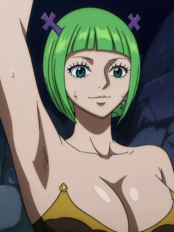 Best quality, masterpiece, ultra high res, 1girl, sexy, in the dark, deep shadow, low key, cold light, milf, green short hair, dynamic light, cinematic lighting, cinematic lighting, down blouse, mature woman, middle parted hair, bikini, gold chain,natural breast, upper body, milf, samui, simple smile, armpits visible, detailed armpits, sweaty armpits