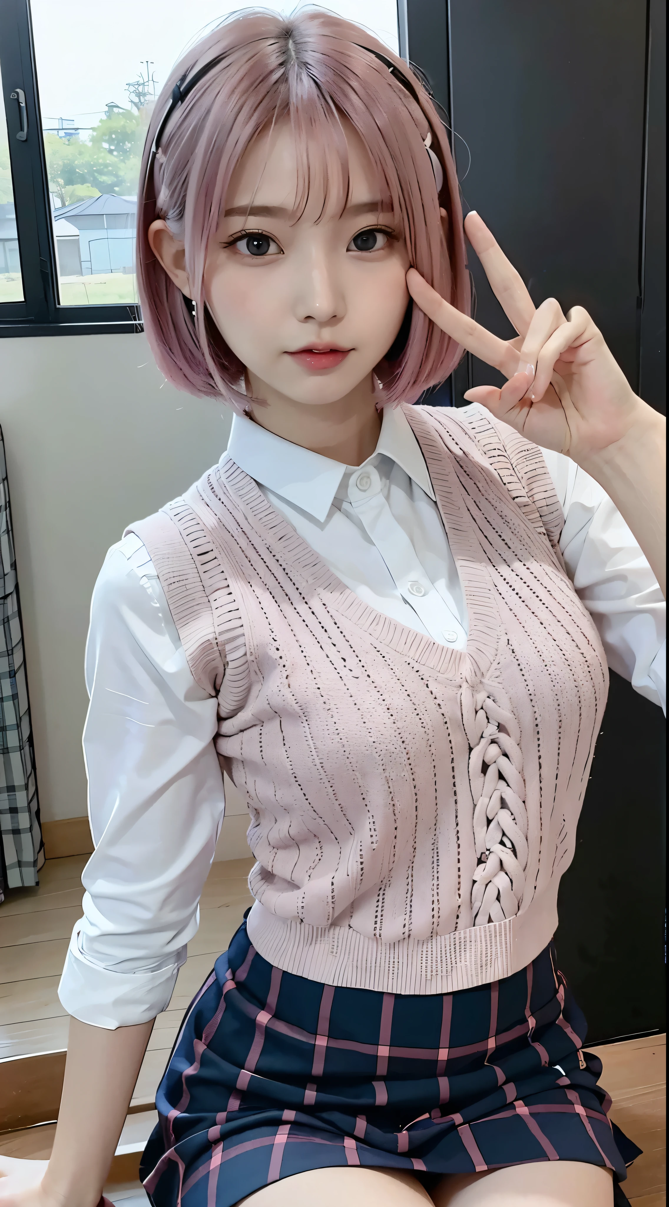 ph momo、momohd、phmomo、solo、1girl、Pink Hair、Purple Eyes、Short Hair、Hair Flowers、Sweater vest、Beautiful eyes、Plaid Skirt、Black thighaking a peace sign、Embarrassing，Please change the filled area to background.,
