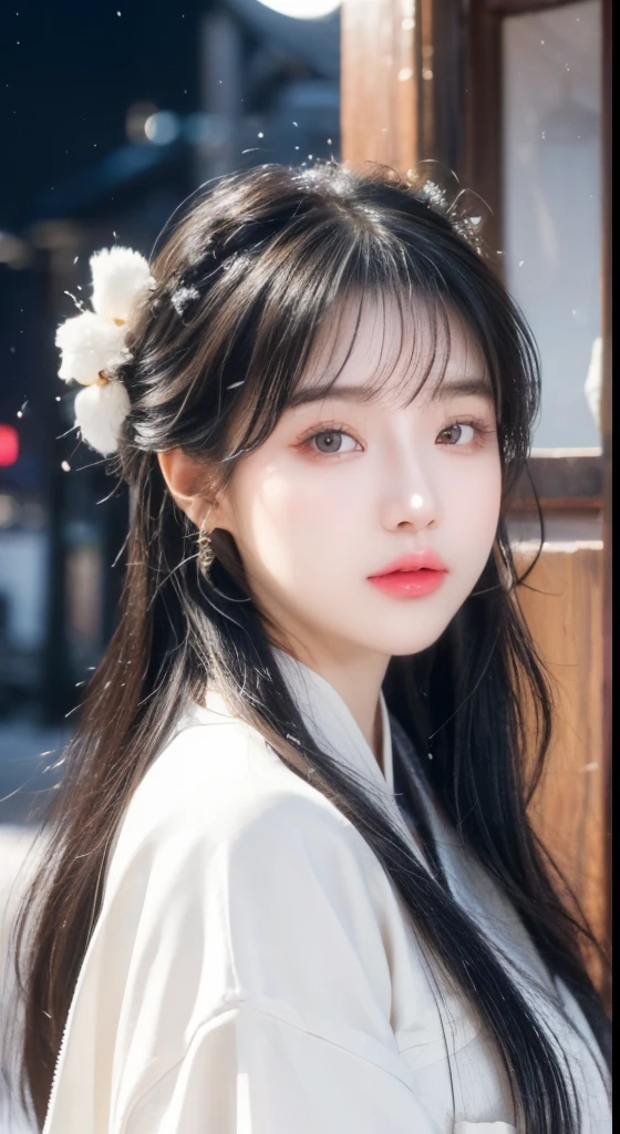 、(Top quality,masterpiece:1.3,Ultra-high resolution,),(Very detailed,Caustic lines),(Reality:1.4,RAW Shooting,)Ultra-realistic capture,Very detailed,HD 16K,Suitable for human skin、 Natural skin texture、、Skin looks healthy and even-toned、 Use natural light and color,A woman,Kawaii,Black Hair,Medium Length Hair,(Depth of Field、Chromatic Aberration、、Wide lighting range、Natural shadows、)、(Nighttime outdoor lighting:1.4)、(Snow Scene:1.2)、(Hair blowing in the wind:1.1)(photoPractical, best quality, Ultra-high resolution, Extremely detailed eyes and face:1.3),(1 girl, solitary:1.3),On a wooden boat,Black Hair,Practical,Long hair,Jewelry,Upper Body,White see-through Hanfu,Fuzzy,earrings,Lips,Chinese clothes,Hair accessories,black eyes,Fuzzy background,Looking to the side,Residence,