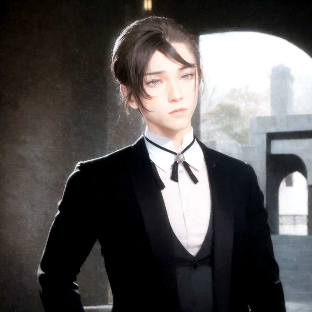 Realistic image of a man in a tuxedo standing in a courtyard, Beautiful androgynous prince, A delicate androgynous prince, Handsome men from Demon Slayer, Tall realistic man with blue eyes, Wearing a black aristocratic suit, Gweiz-style artwork, Anime Handsome Man, Official character art, Created by Anime Painter Studio