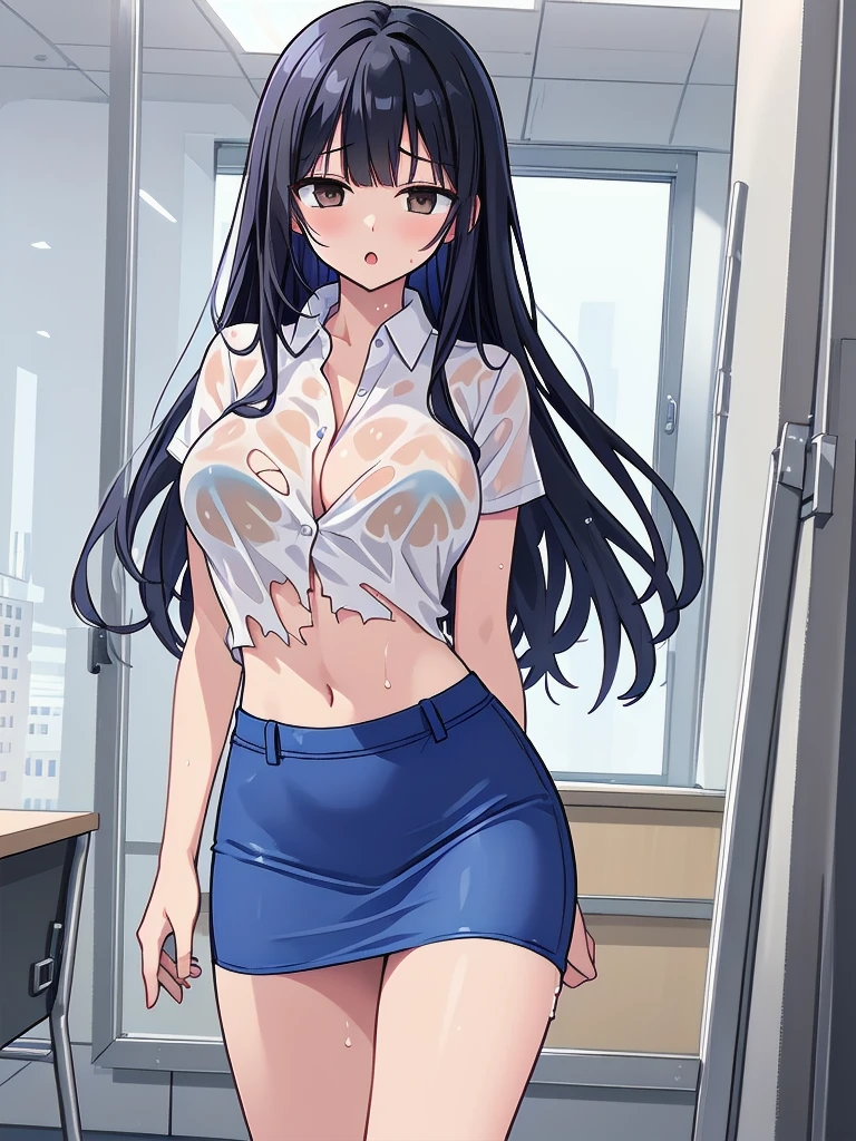 (masterpiece), best quality, (16k), expressive eyes, perfect face, office lady, 1 girl, solo, large breast, navel, (torn short sleeve white Blouse shirt), (((cobalt blue solid pencil mini skirt))), bare arms, bare legs, shiny skin, wet body, indoors, in the office room, black hair, straight long hair, wet hair, brown eyes, slim, standing, closed eyes, sad, :o, (cowboy shot), from front,