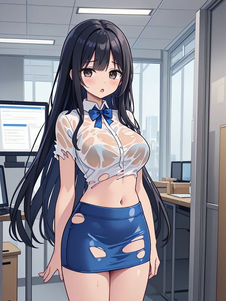 (masterpiece), best quality, (16k), expressive eyes, perfect face, office lady, 1 girl, solo, large breast, navel, (torn short sleeve white Blouse shirt), (((cobalt blue solid pencil mini skirt))), bare arms, bare legs, shiny skin, wet body, indoors, in the office room, black hair, straight long hair, wet hair, brown eyes, slim, standing, closed eyes, sad, :o, (cowboy shot), from front,