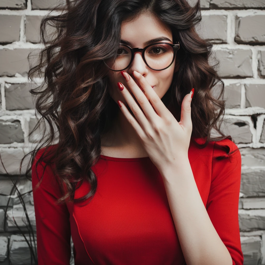 arafed woman with glasses covering her face with her hands, girl with glasses, wavy long black hair and glasses, girl wearing round glasses, dominating red color, fine details. red, with glasses, glasses without frames, red clothes, wearing red clothes, girl wears a red dress, only with red, thick - rimmed glasses, hand over mouth, cute woman