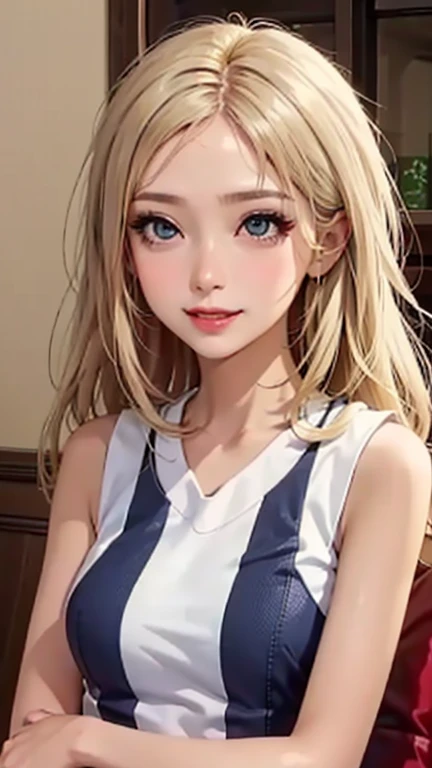 blush a little and smile, (Top quality masterpiece:1.2) Delicate illustrations, Very detailed, /Beautiful Japanese Women、1 person,Very cute and slim、Great style 、((8K images、super high quality))、Very delicate face, Skin and Hair、beautifule forehead、Red lipstick、(((((Mid-length hair、Blonde、lure))))),Very cute Japanese cut face、Eyes and nose are clearly visible、Kind eyes,((((Sleeveless fashion))))